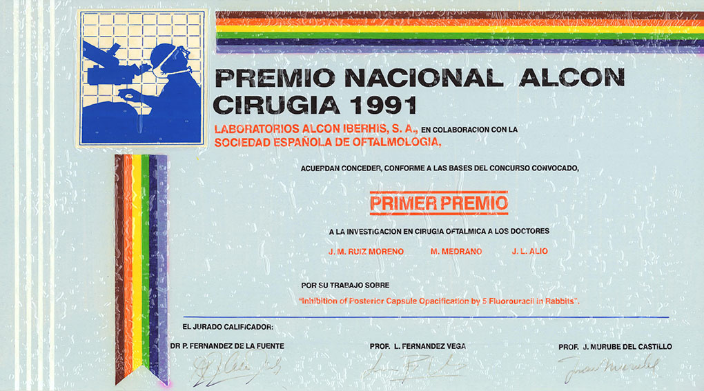 1991 Ier. Premio Nacional de Cirugía Ocular “ALCON”. Sociedad Española de Oftalmología.