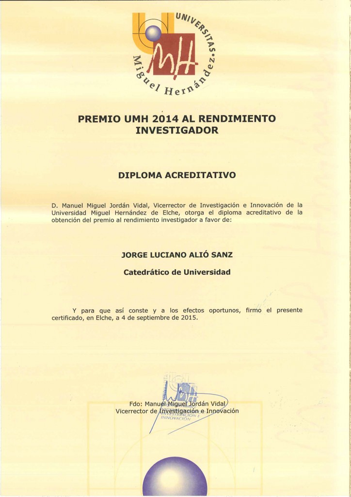 2015 - Premio UMH 2014 Rendimiento Investigador