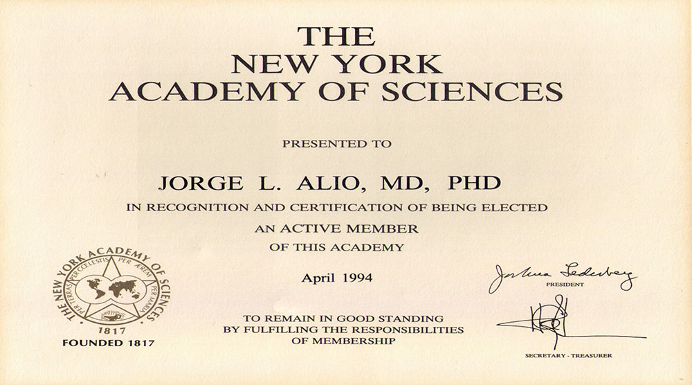 1994 Miembro Electo The New York Academy of Sciences, April 1994.