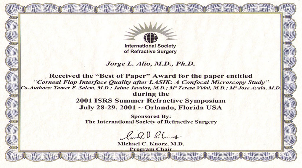 2001 CORNEAL FLAP INTERFACE QUALITY AFTER LASIK A CONFOCAL MICROSCOPY STUDY (Best of Paper). ORLANDO, Florida (USA), 28 to 29 July.