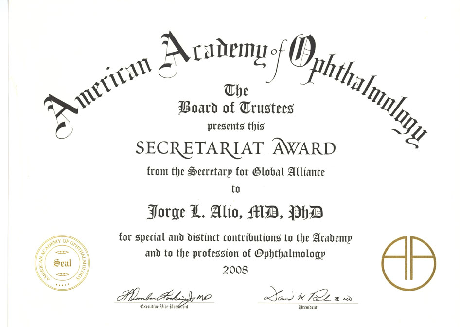2008 Secretariat Award, American Academy of Ophthalmology. May 2008.