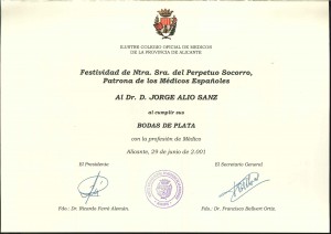 Diploma bodas de plata 25 años de la profesión-Colegio Médicos Alicante